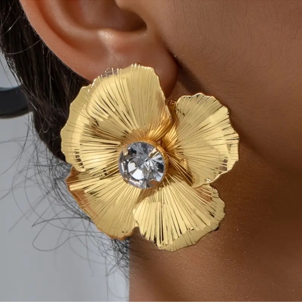 Anthropologie Gold Floral Statement Earrings with Crystal Center